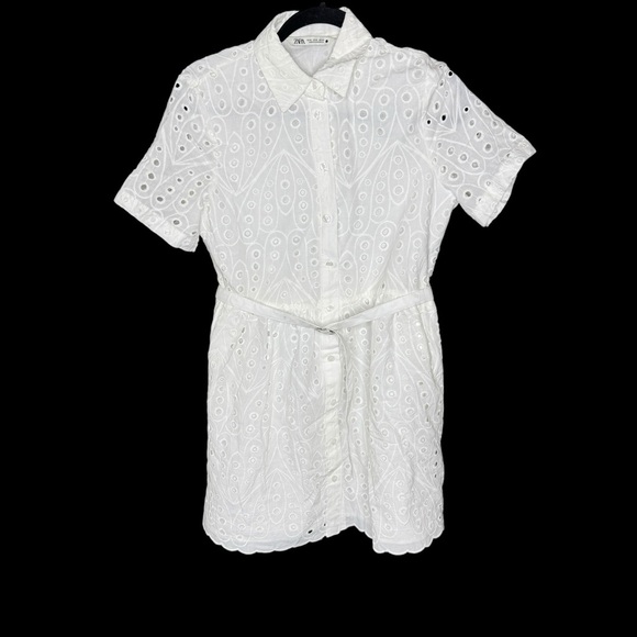 Zara women’s Medium White Cotton Eyelet Shirt Dress Belted Lined Pockets - Picture 1 of 12